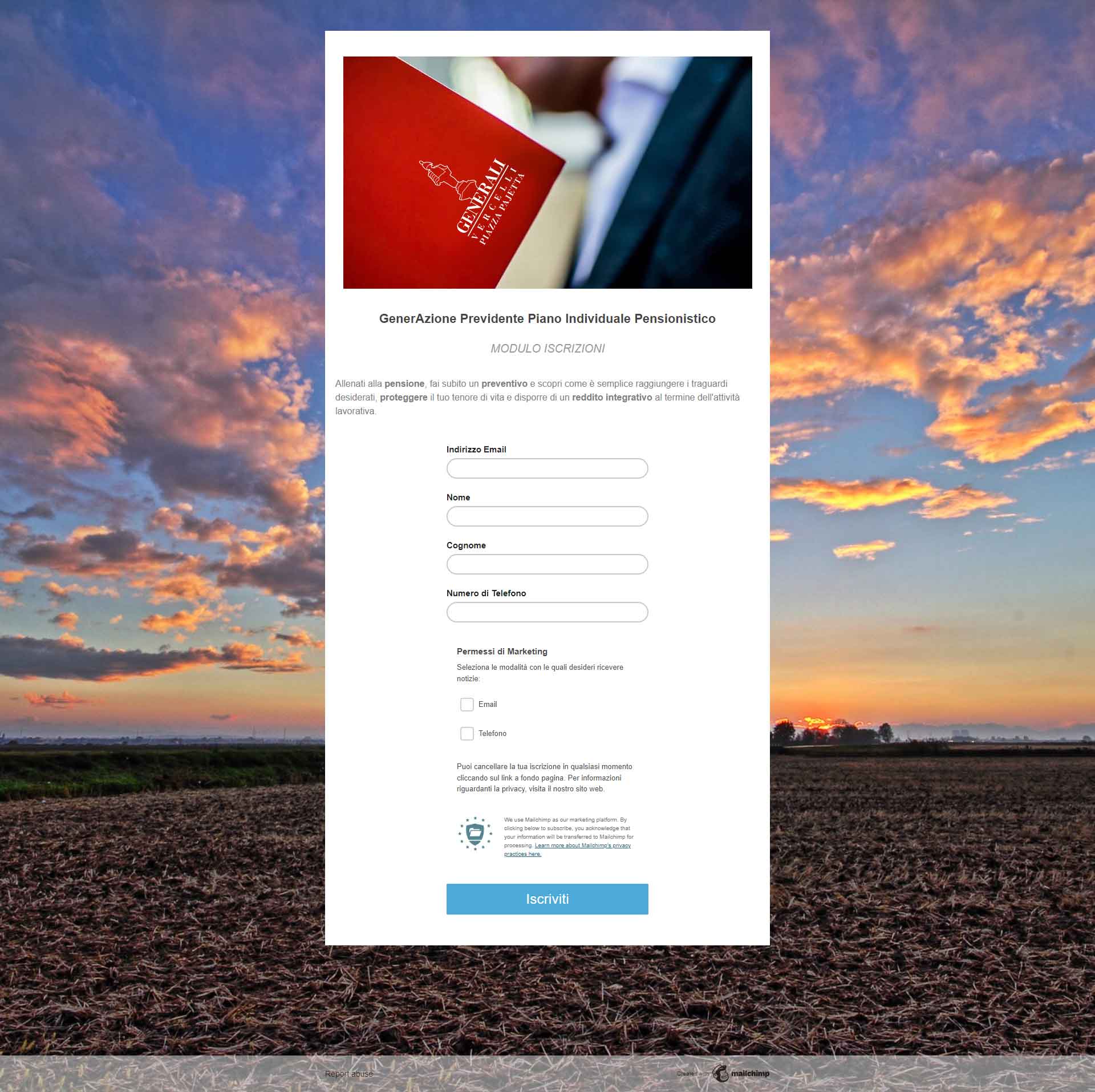 Screen Capture: Landing Page form raccolta dati Generali