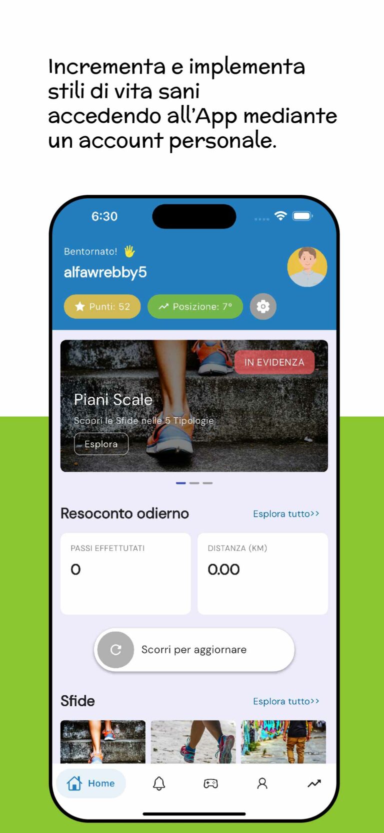 Apple Store: Slide 2 | Screenshot schermata principale app e scritta descrittiva: "Incrementa e implementa stili di vita sani accedendo all'App mediante un account personale"