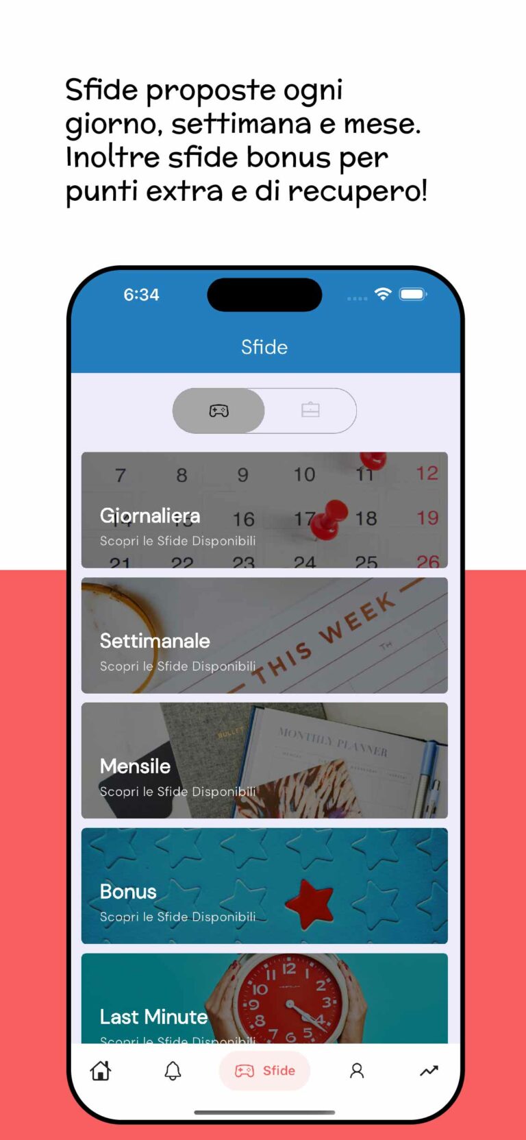 Apple Store: Slide 4 | Screenshot schermata "Sfide" app e scritta descrittiva: "Sfide proposte ogni giorno, settimana e mese"