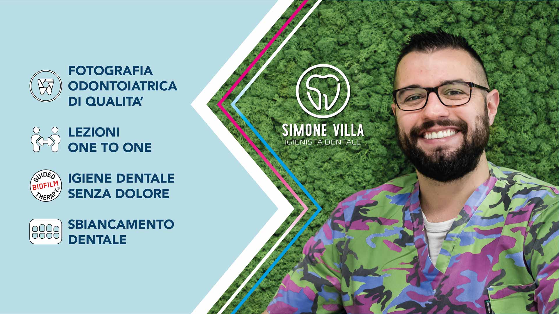 Copertina Facebook: Simone Villa - Igienista Dentale | Foto dott. Simone Villa su sfondo parete con erba finta, logo brand ed elenco servizi: Fotografia Odontoiatrica di Qualità, Lezioni One To One, Igiene Dentale Senza Dolore e Sbiancamento Dentale