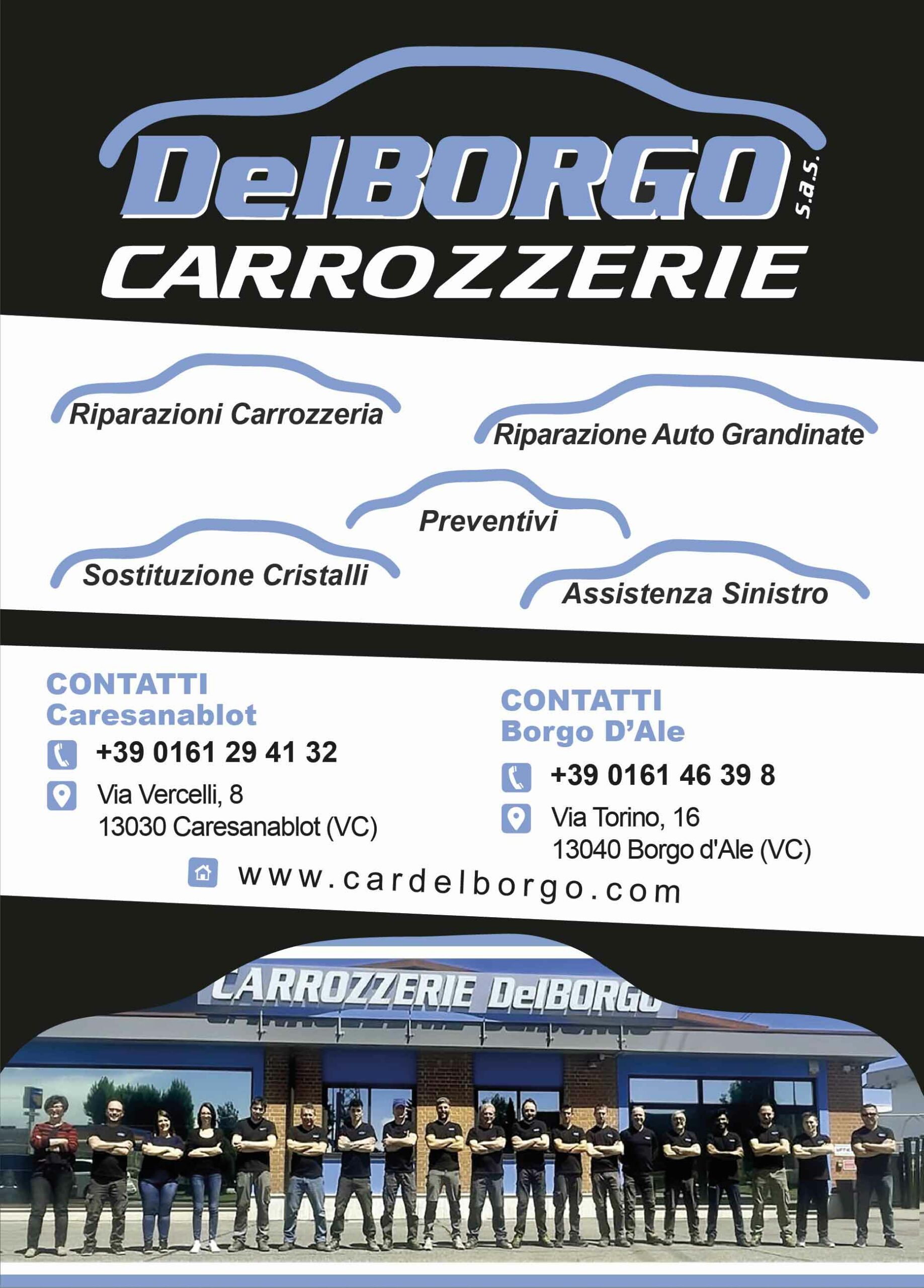 Volantino: Carrozzerie Del Borgo | Logo della carrozzeria con lista dei servizi erogati, principali contatti e foto sede Caresanablot (VC)